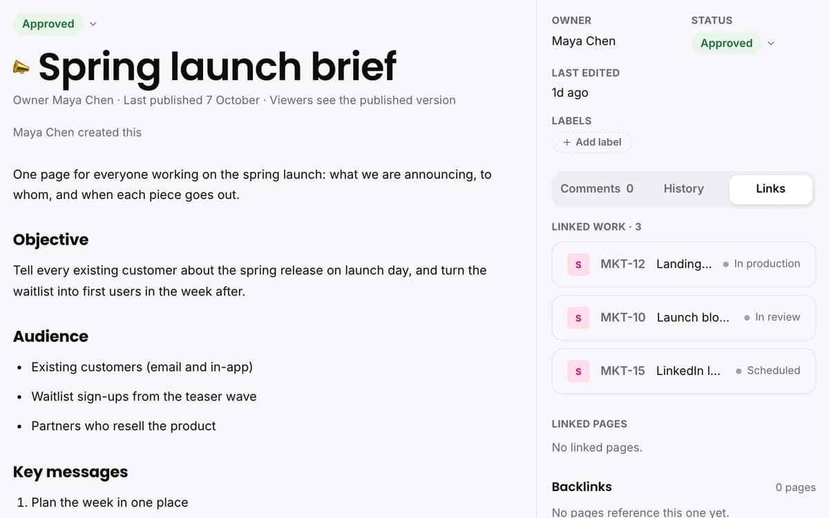 Close-up of the Spring launch brief in Documents with its Approved status, next to the side panel listing three linked work items and the column each one is in.