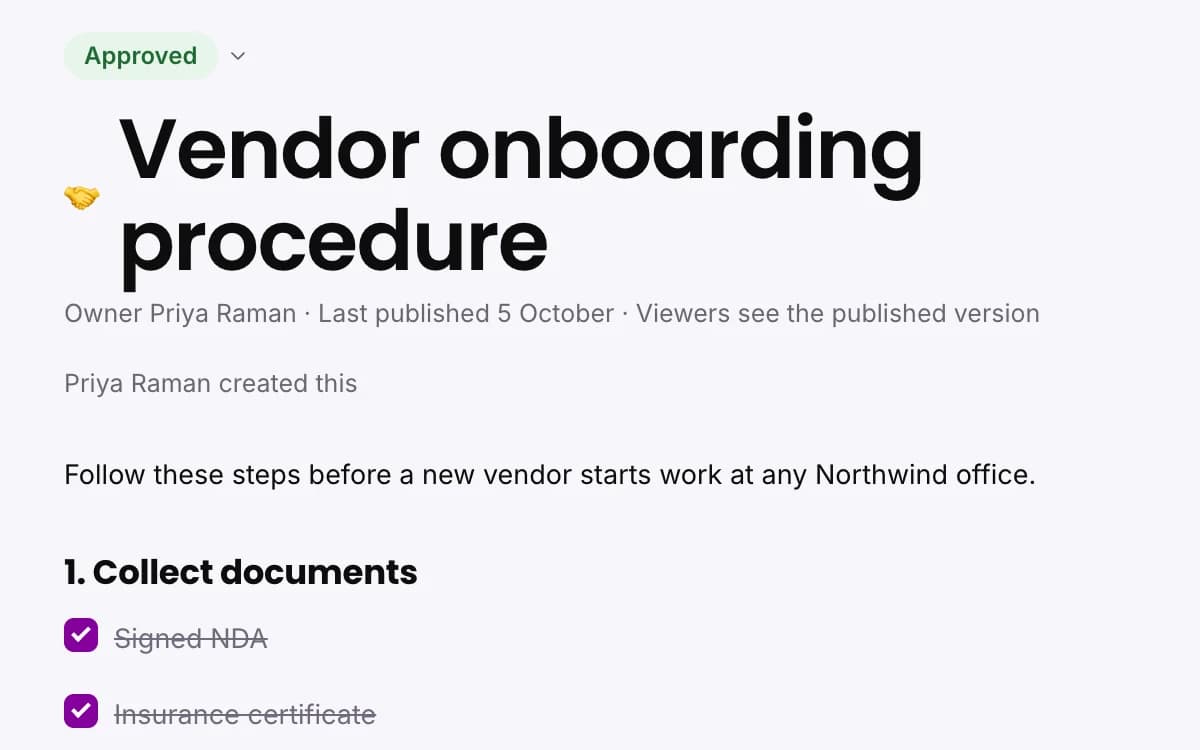 Close-up of the Vendor onboarding procedure in Documents: its Approved status, owner and opening steps.