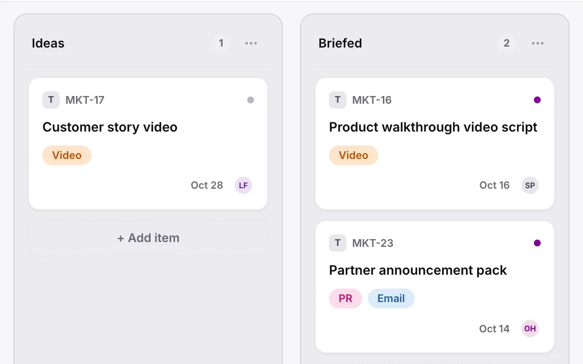 A Customer story video card is dragged from Ideas through Briefed, In production, In review and Scheduled to Published, where it is marked Done.