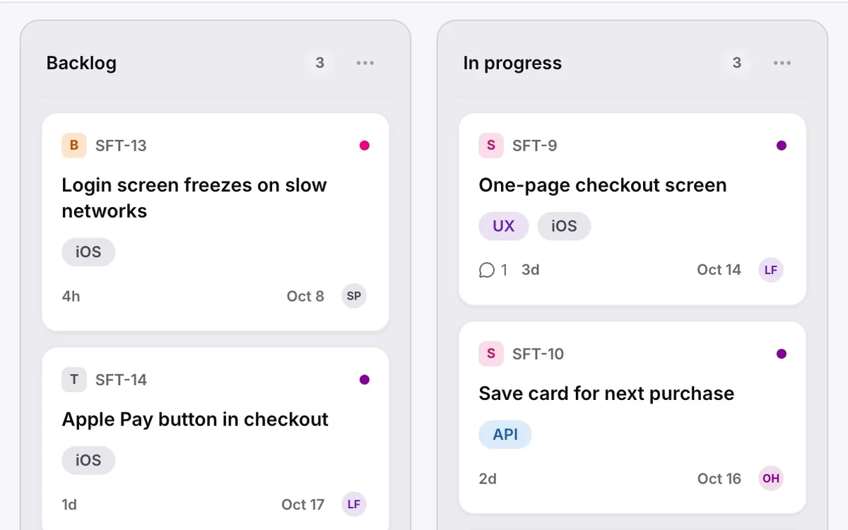 An Apple Pay button task on the active sprint board is dragged from Backlog through In progress and In review to Done.